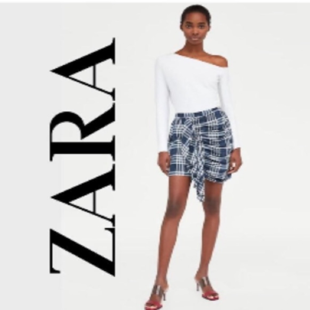 💙ZARA💙RUCHED RUFFLED LINEN MINI PLAID SKIRT💙